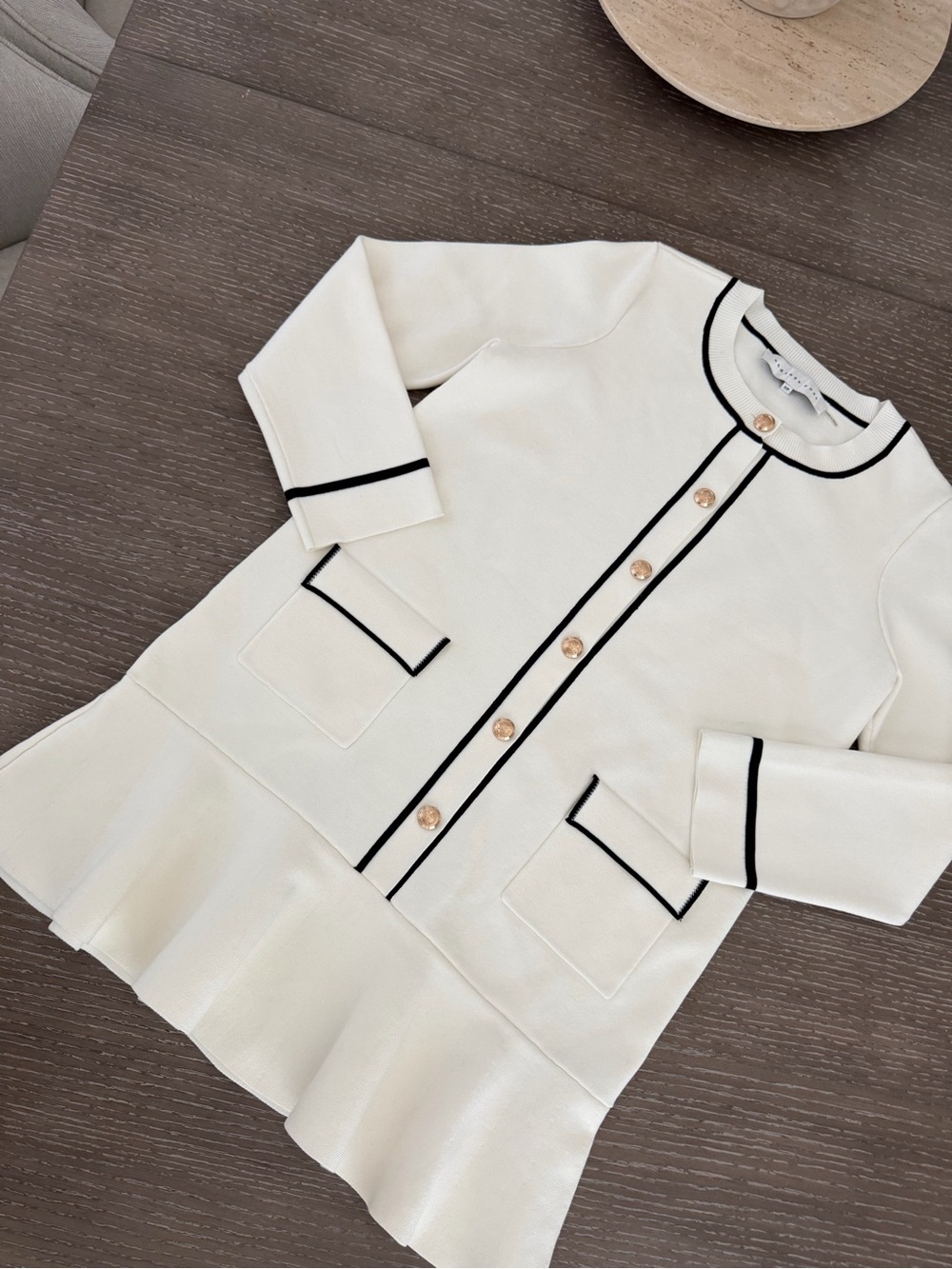 Anthropologie - Endless Rose - white black trim knit sweater ruffle mini dress - Picture 2 of 14